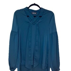 Fab'rik Teal Blouse with Billowed Sleeves & Bow Tie Women’s Small